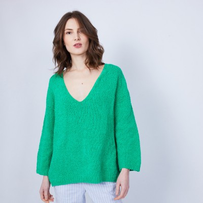 Cotton velvet jumper with deep V-neck - MARIETTE