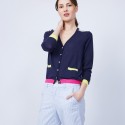 Gilet bi-matières soie et coton - Jeu 6581 navy mimosa fushia - 05 bleu marine