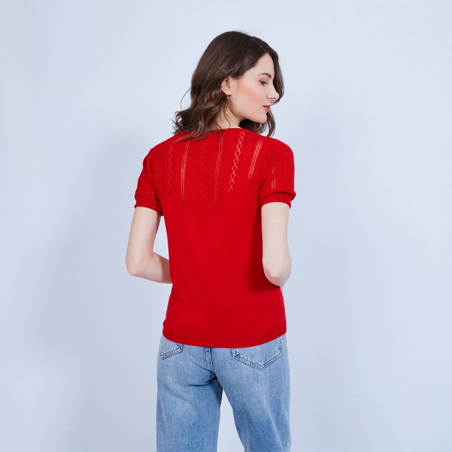 T-shirt col grand V en soie - Justice 6480 Vermillon - 52 rouge