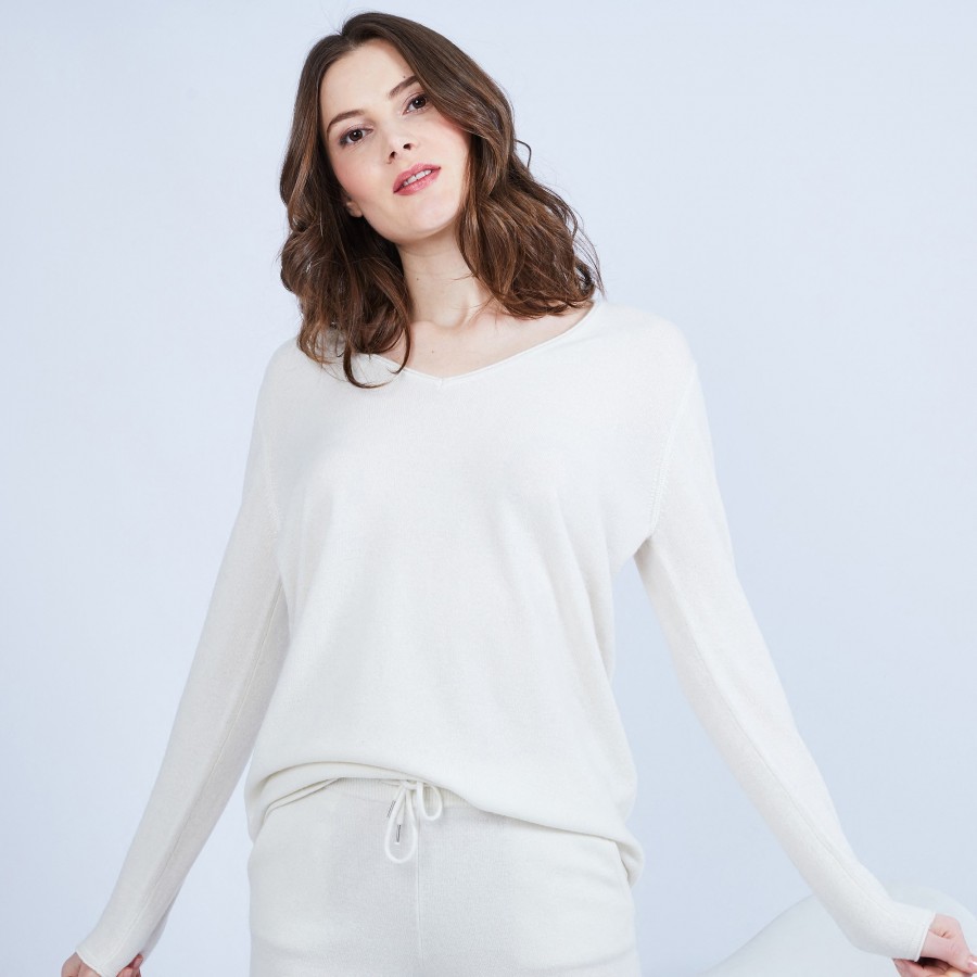 Pull en cachemire col V - Happy 6360 perle - 82 écru