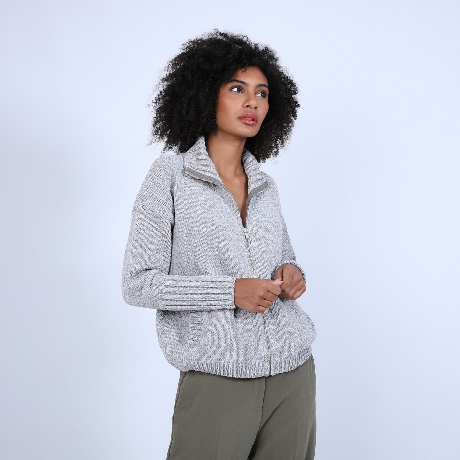 High-neck cardigan in wool and silk velour - Brésil