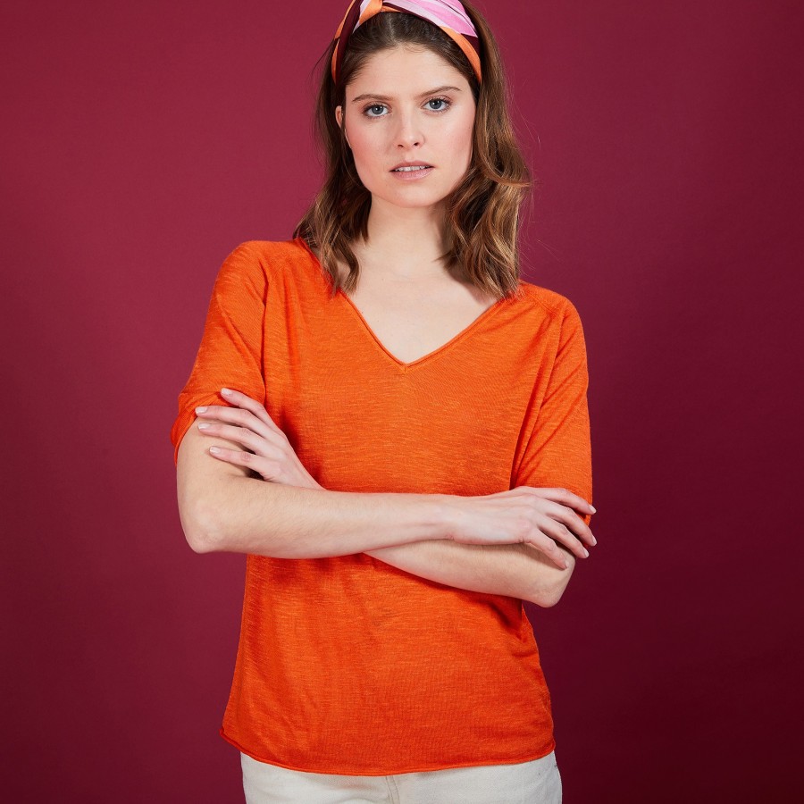 T-shirt en lin manches coudes - Bonbon 6883 flamine - 15 Orange