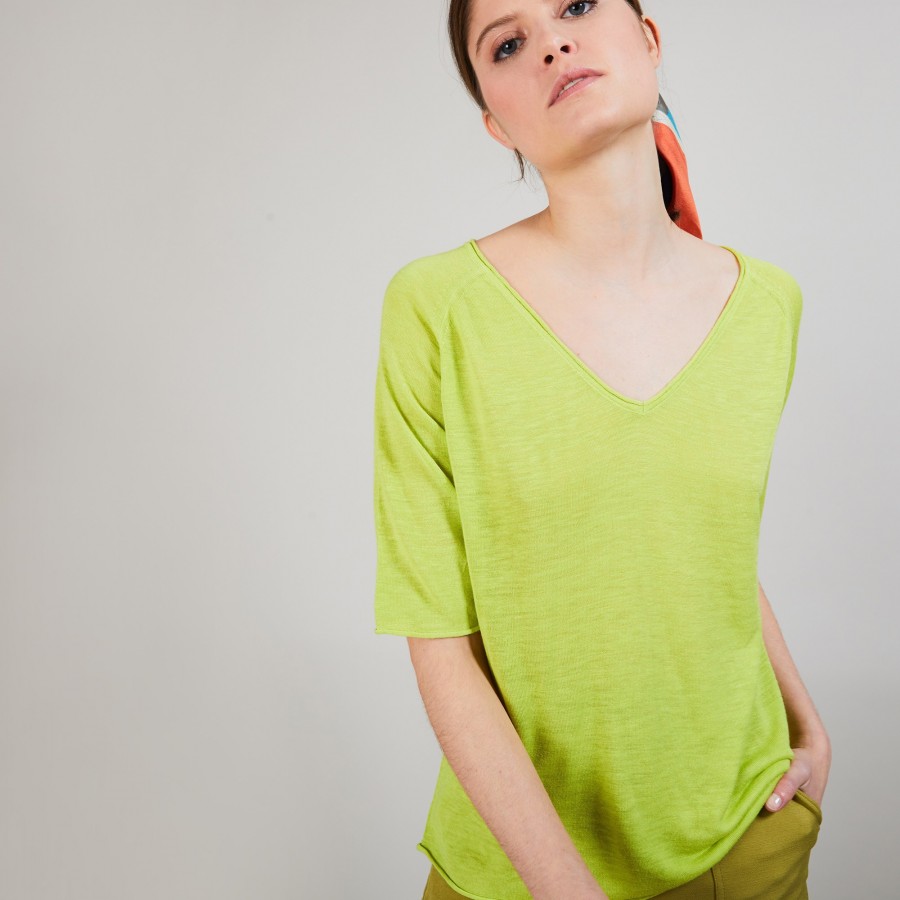 T-shirt en lin manches coudes - Bonbon 6852 pollen - 90 Vert anis