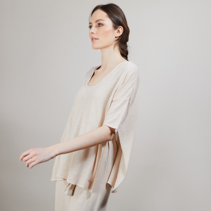 T-shirt oversize en lin flammé - Batalya 6801 BEIGE-12 BEIGE CLAIR