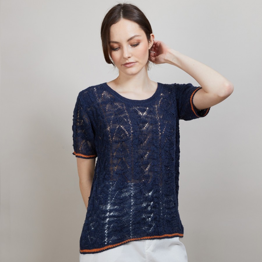 T-shirt tricoté en maille crochet - Claus 6980 marine/flamine - 05 Bleu marine