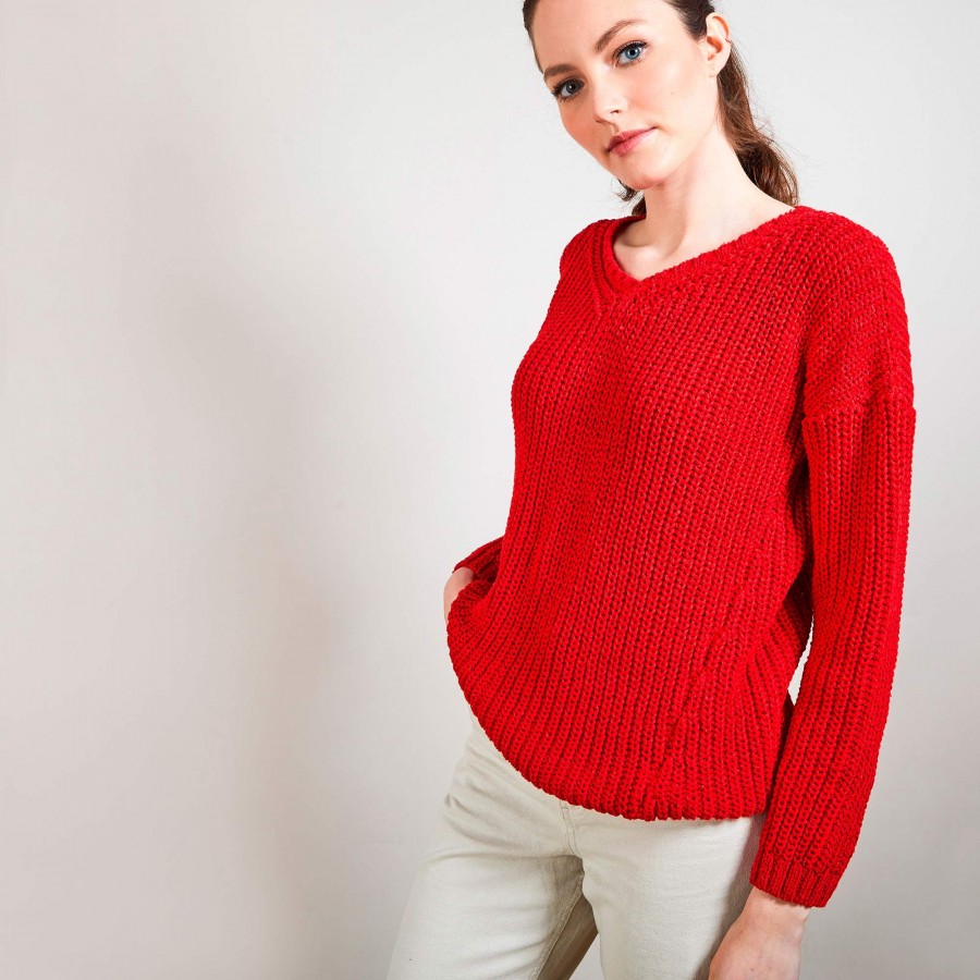 Pull col V en soie laine coton - Bulle 6880 pavot - 52 Rouge