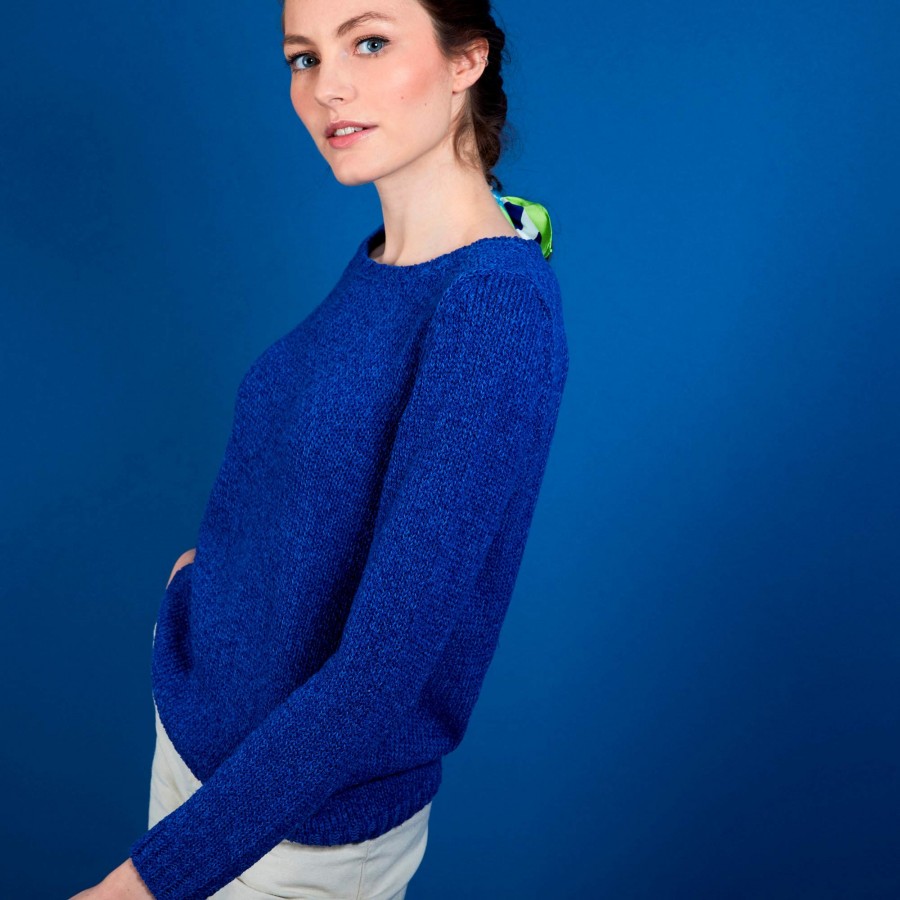 Pull col rond en soie coton et laine - Benji 6941 altitude/azur - 03 Bleu foncé