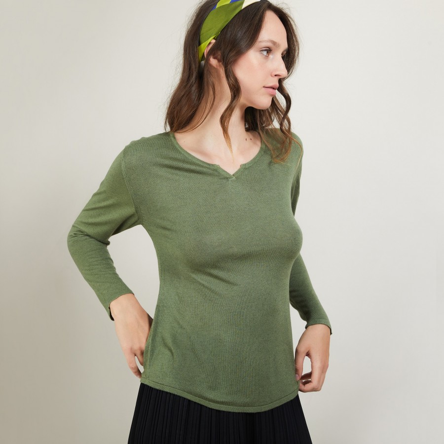 Bamboo cashmere sweater with tunisian collar - Betty