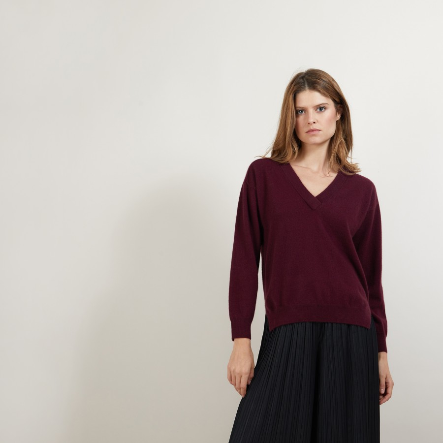 Pull col V à fentes en cachemire - Barnabe 7085 damas - 18 Violet foncé