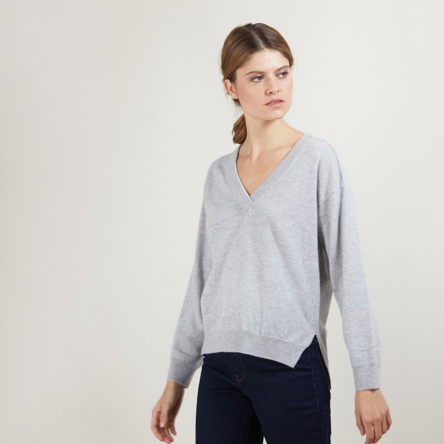 Pull col V à fentes en cachemire - Barnabe 7013 vapeur - 09 Gris moyen