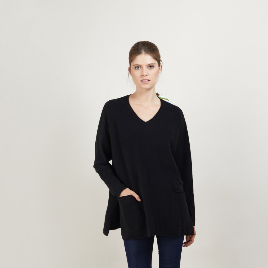 Pull ample col V en cachemire - Belinda 7010 noir - 01 Noir