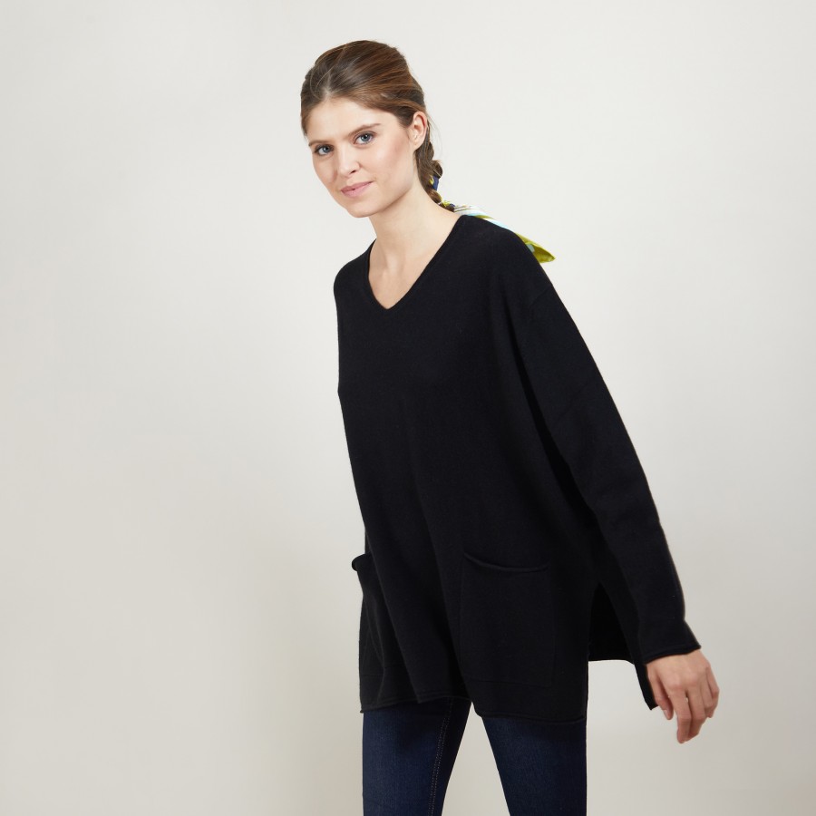 Pull ample col V en cachemire - Belinda 7010 noir - 01 Noir