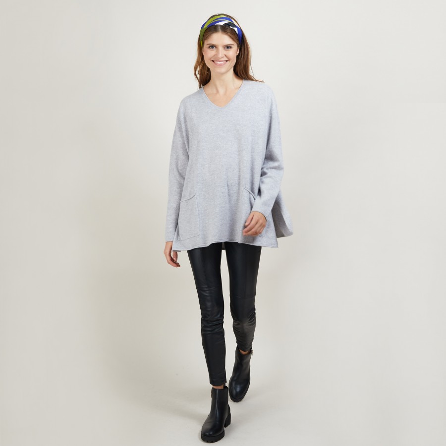 Pull ample col V en cachemire - Belinda 7013 vapeur - 09 Gris moyen