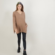 Pull ample col V en cachemire - Belinda 7030 desert - 46 Marron clair