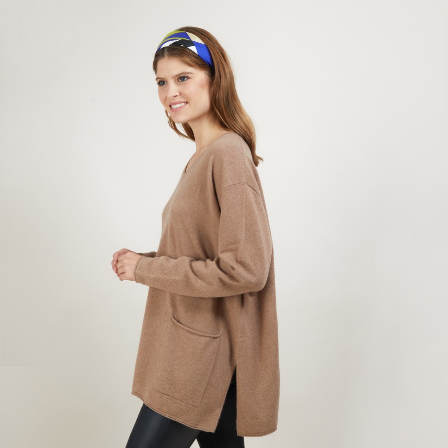 Pull ample col V en cachemire - Belinda 7030 desert - 46 Marron clair