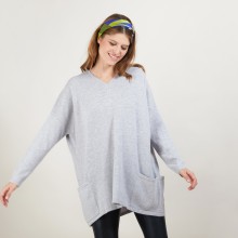 Pull oversize col V boutonné dos - Binta 7013 vapeur - 09 Gris moyen