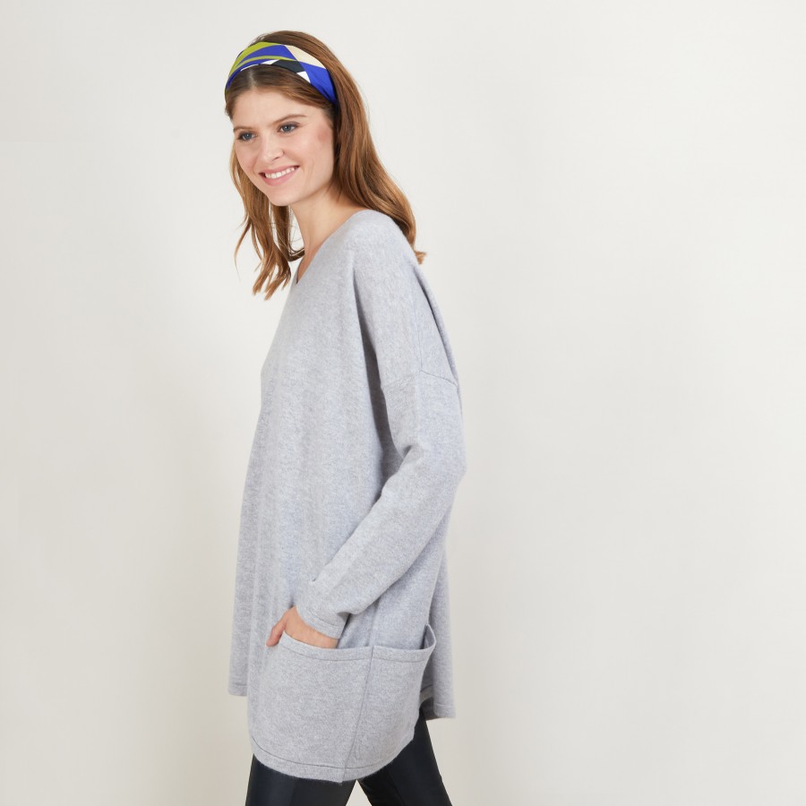 Pull oversize col V boutonné dos - Binta 7013 vapeur - 09 Gris moyen