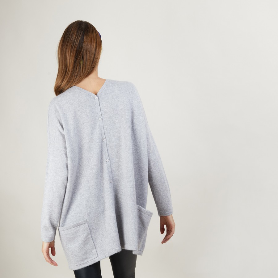 Pull oversize col V boutonné dos - Binta 7013 vapeur - 09 Gris moyen