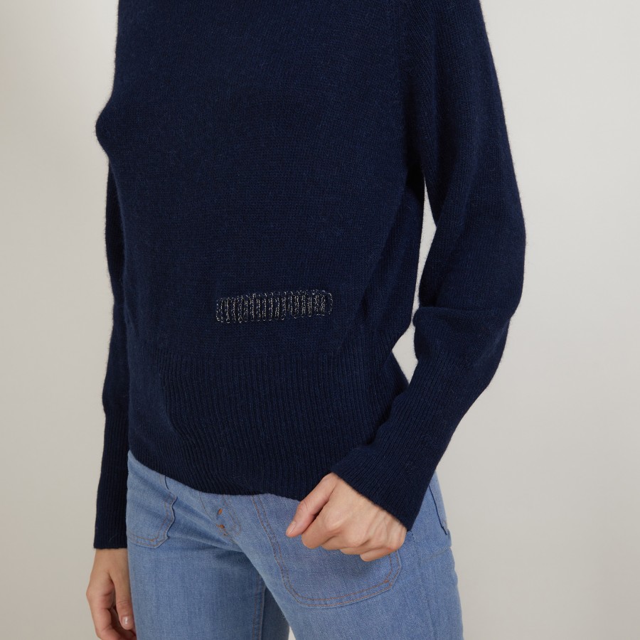 Pull col rond manches raglan en laine alpaga - Gina 7130 marine or - 05 Bleu marine