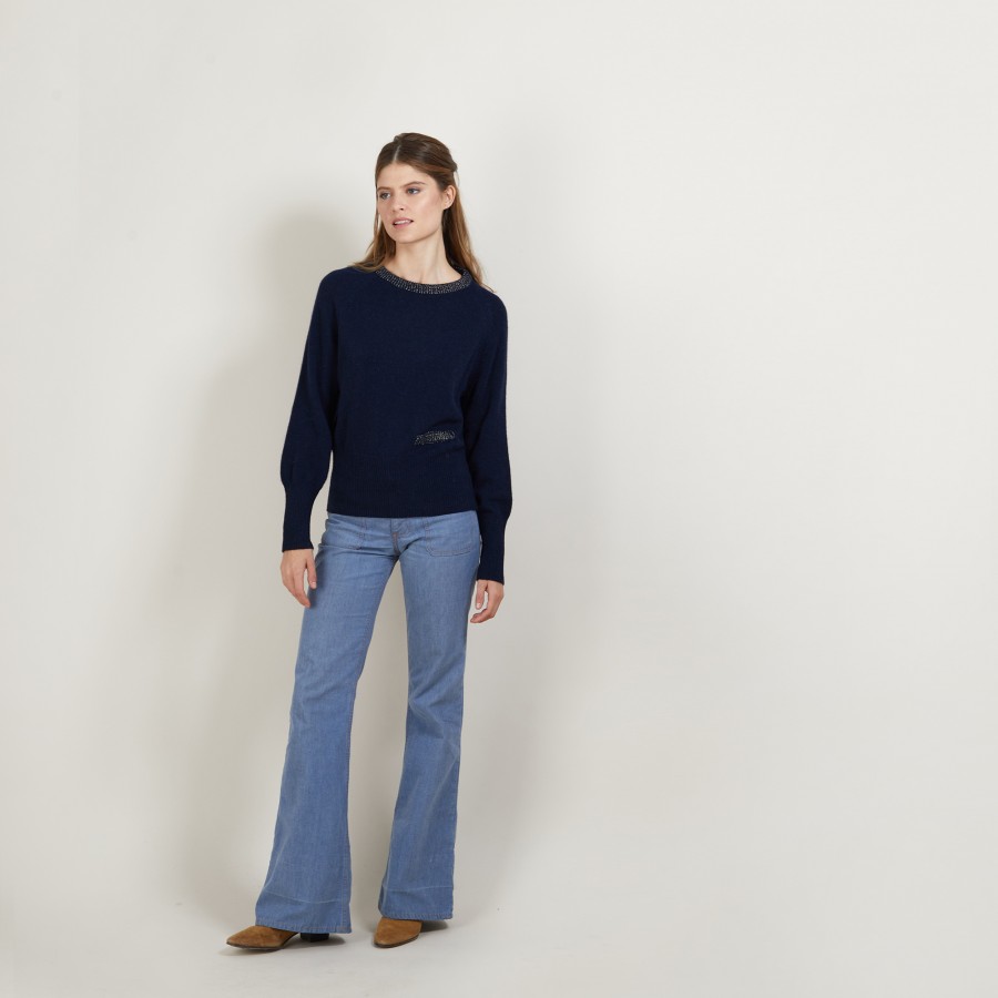 Pull col rond manches raglan en laine alpaga - Gina 7130 marine or - 05 Bleu marine