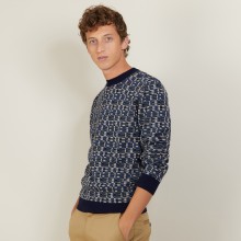 Pull graphique en coton et laine - Lorenzo 7126 marine/dune/ombre/bronze/rivage - 05 Bleu marine