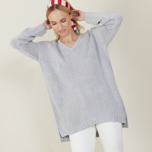 Grand pull col v en grosse maille - Balata 7213 givre - 11 Gris clair