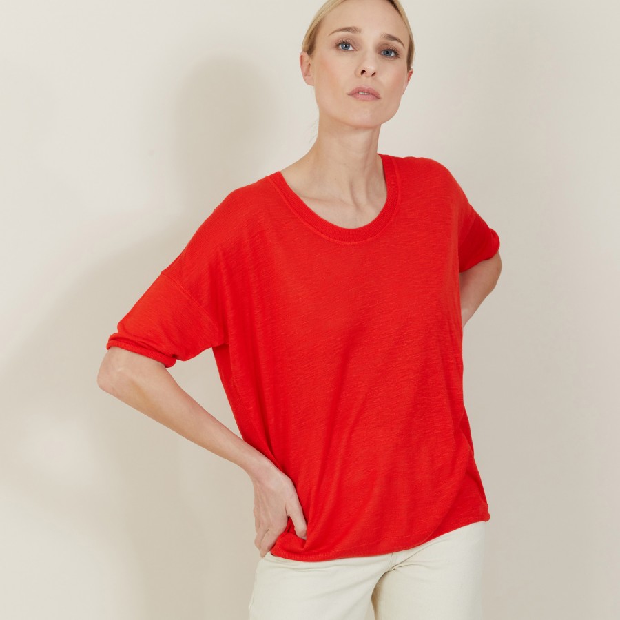 T-shirt ample col rond en lin flammé - Mairena 7280 ecarlate - 52 Rouge
