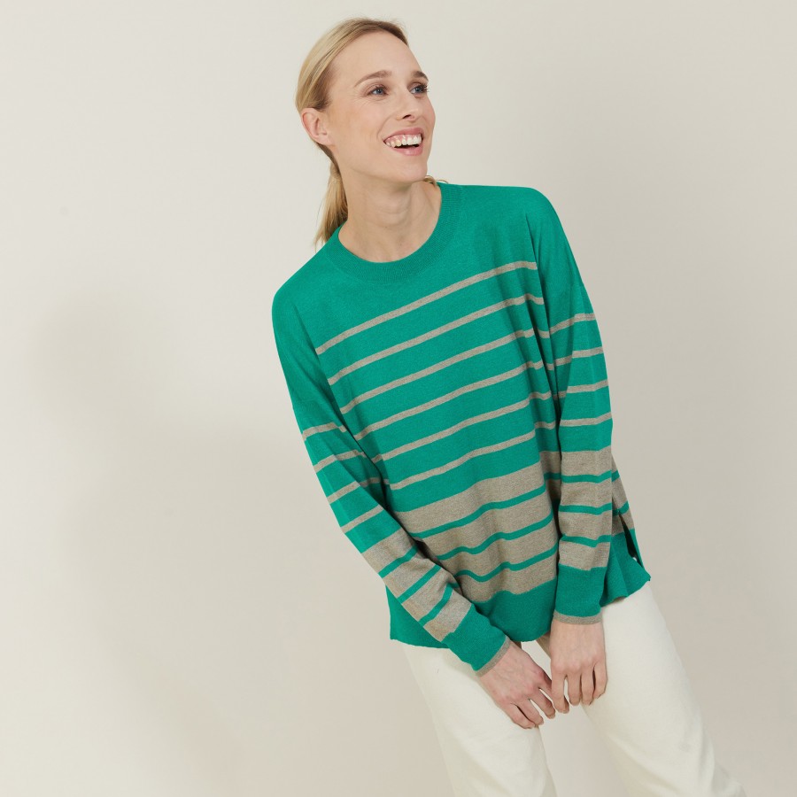 Pull en lin cachemire rayures bicolores - Nerja 7319 veronese/sahara - 22 Vert moyen 