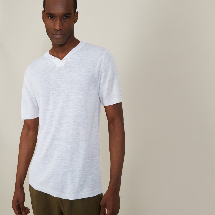 T-shirt col tunisien en lin flammé - Baraka 7200 blanc - 02 Blanc
