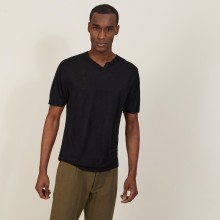 T-shirt col tunisien en lin flammé - Baraka 7210 noir - 01 Noir