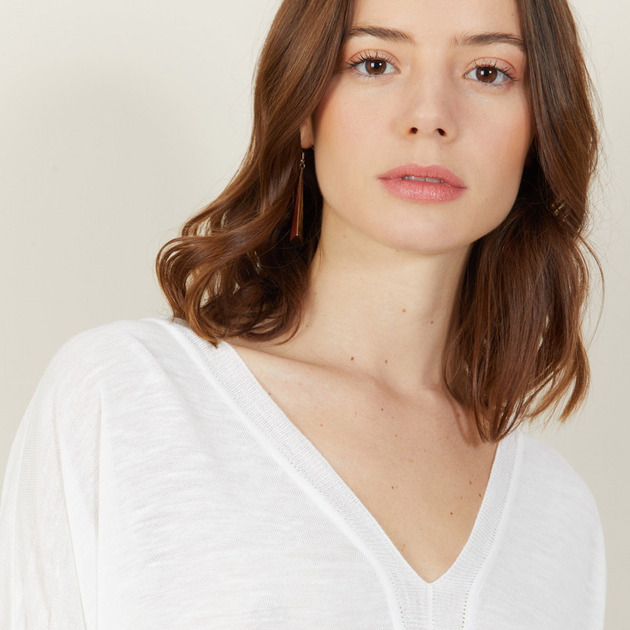 T-shirt ample col v en lin flammé - Beja 7200 blanc - 02 Blanc