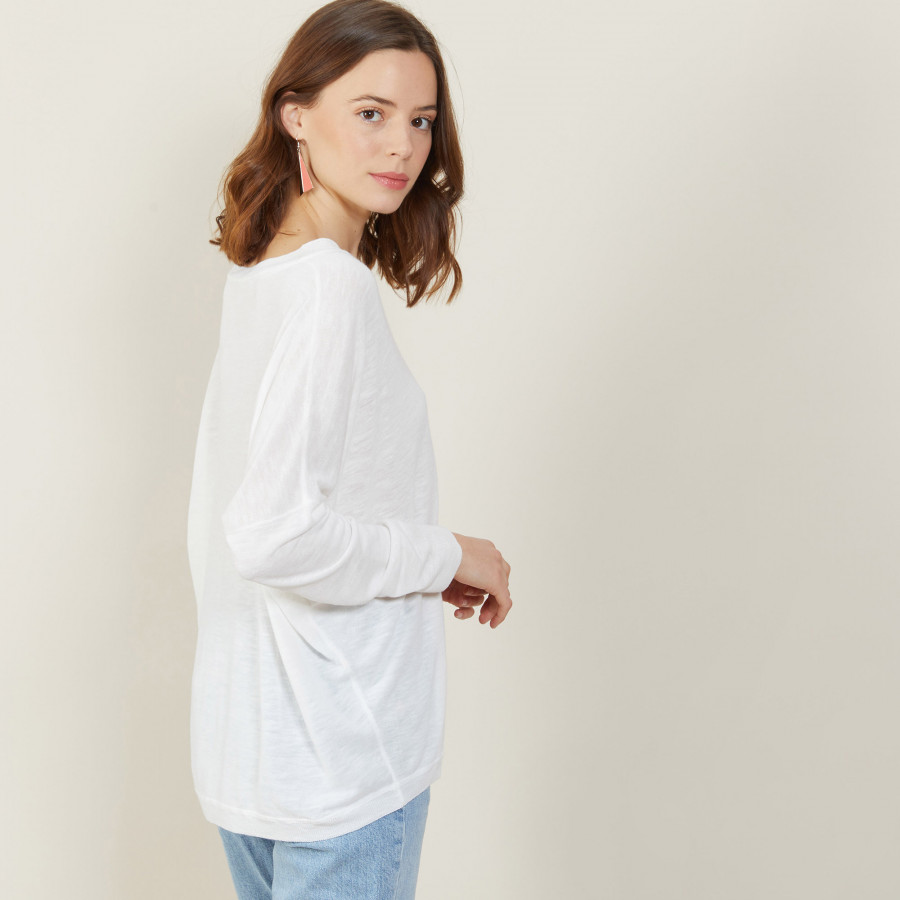 T-shirt ample col v en lin flammé - Beja 7200 blanc - 02 Blanc