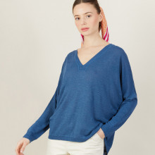 T-shirt ample col v en lin flammé - Beja 7241 corsaire - 06 Bleu moyen
