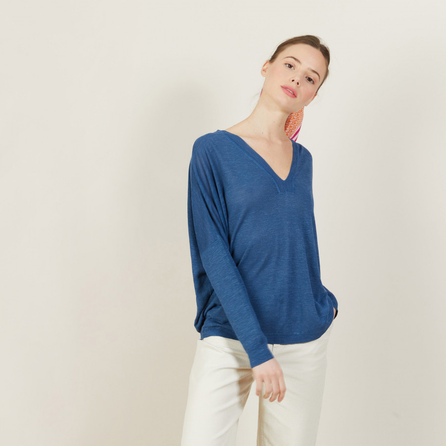 T-shirt ample col v en lin flammé - Beja 7241 corsaire - 06 Bleu moyen