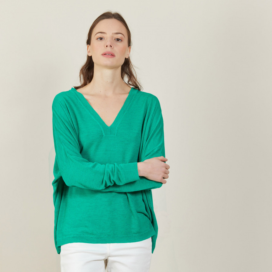 T-shirt ample col v en lin flammé - Beja 7250 veronese - 22 Vert moyen