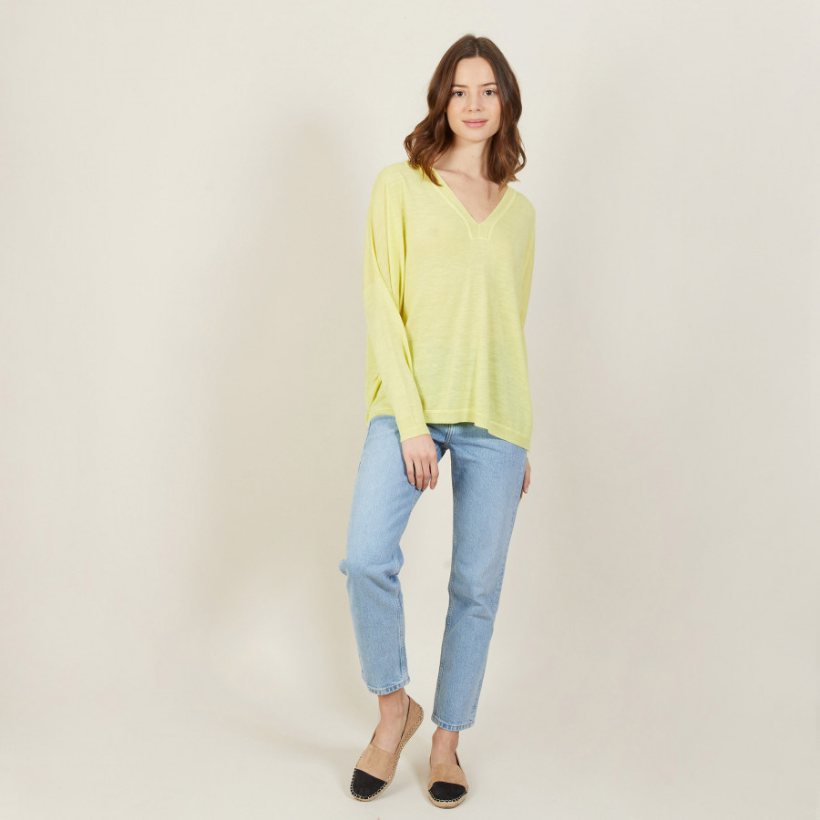 T-shirt ample col v en lin flammé - Beja 7260 mimosa - 08 Jaune