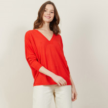 T-shirt ample col v en lin flammé - Beja 7280 ecarlate - 52 Rouge