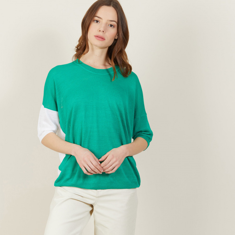 T-shirt ample col rond en lin flammé bicolore - Mairena bis 7336 veronese/blanc - 22 Vert moyen