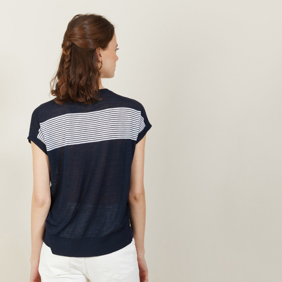 T-shirt bicolore en lin flammé - Naty 7335 marine/blanc - 05 Bleu marine