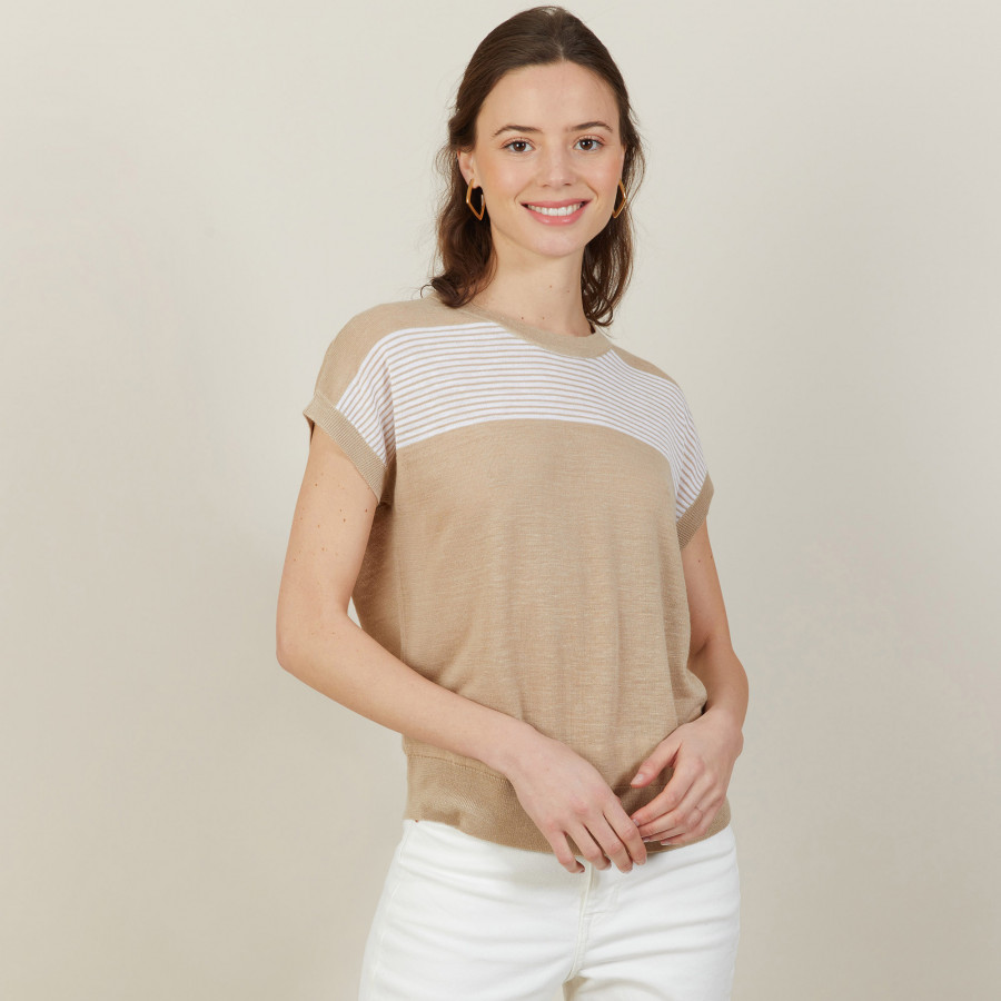 T-shirt bicolore en lin flammé - Naty 7340 sahara/blanc - 13 Beige moyen