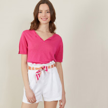 T-shirt col tunisien en lin flammé - Boheme 7283 corolle - 91 Fuchsia