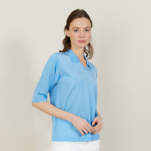 Openwork patterned polo shirt with elbow sleeves - Ambre