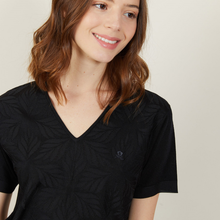 T-shirt col V à motifs en Fil Lumière - Amy 0307 noir - 01 Noir