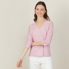 V-neck T-shirt in Fil Lumière 3/4 sleeves - Angela