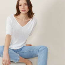 T-shirt manches coudes en lin flammé - Bonbon 7200 blanc - 02 Blanc