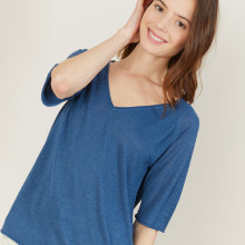 T-shirt manches coudes en lin flammé - Bonbon 7241 corsaire - 06 Bleu moyen