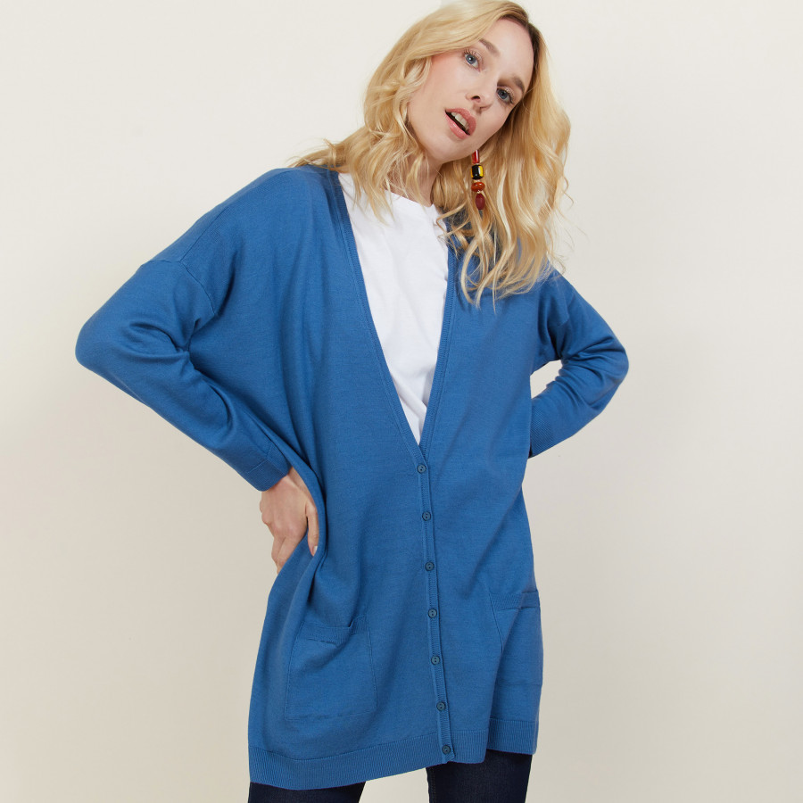 Long gilet en laine avec poches - Anne-Sophie 6141 Indigo - 06 Bleu moyen