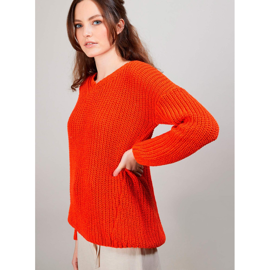 Pull col V en soie laine coton - Bulle 6883 flamine - 15 Orange