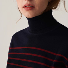 Pull col roulé en laine mérinos finitions bord côtes - Colette 7526 marine/ecru - 05 Bleu marine