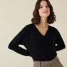 Pull col V en laine mérinos finitions bord côtes - Arya  7440 marine - 05 Bleu marine